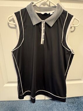 Lady Hagen Black Sleeveless Polo Tank with Gray Collar